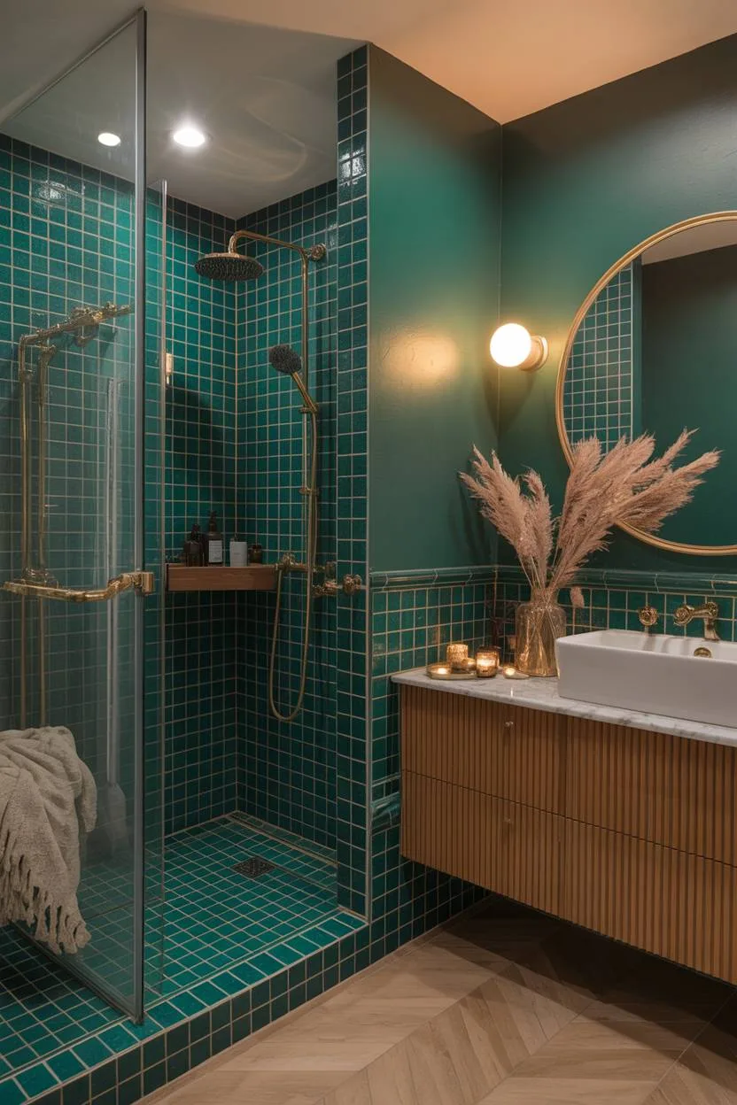 Contemporary bathroom with emerald green square tiles and ribbed wooden vanity