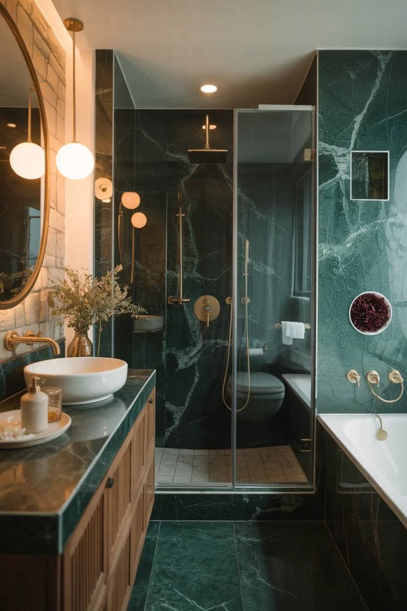 Modern bathroom with emerald green marble walls and brass pendant lights