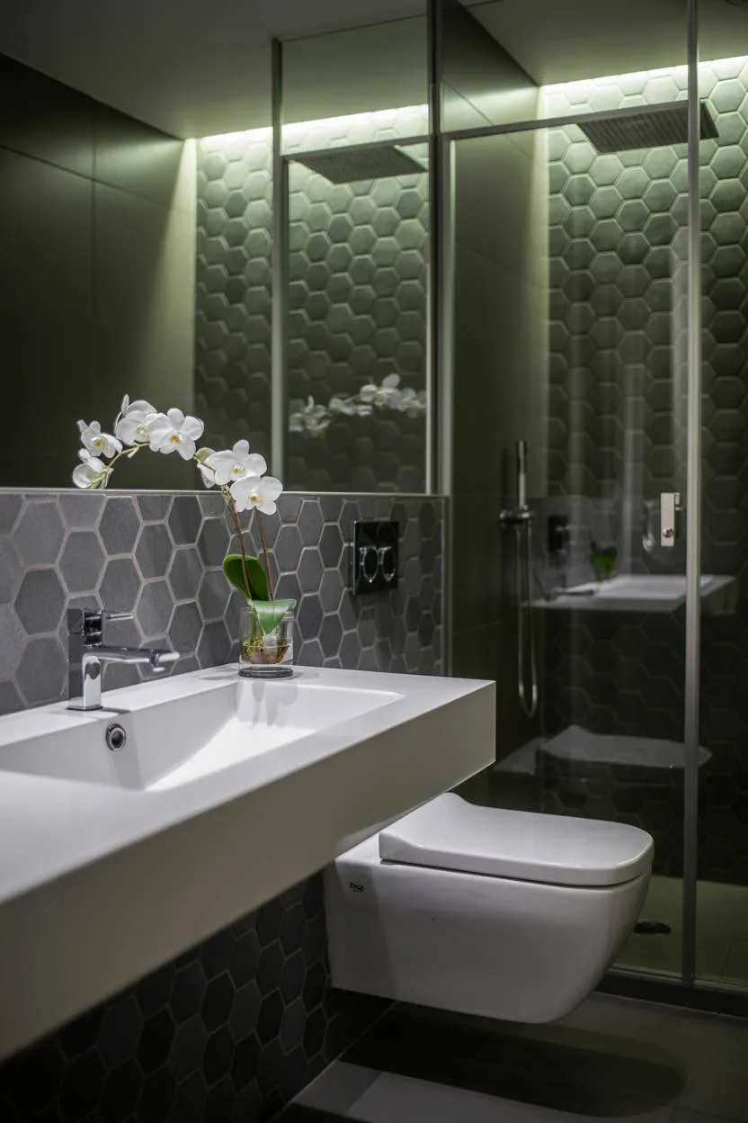 Minimalist bathroom with dark hexagonal tiles, floating sink, and glass rain shower