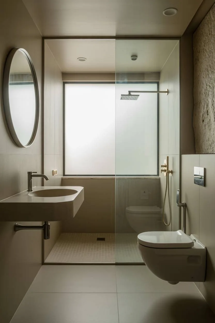 Modern bathroom with limestone accent wall, floating sink, and rainfall shower