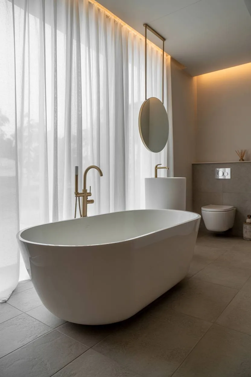 Contemporary bathroom with floating sink, freestanding tub, and brushed gold faucet