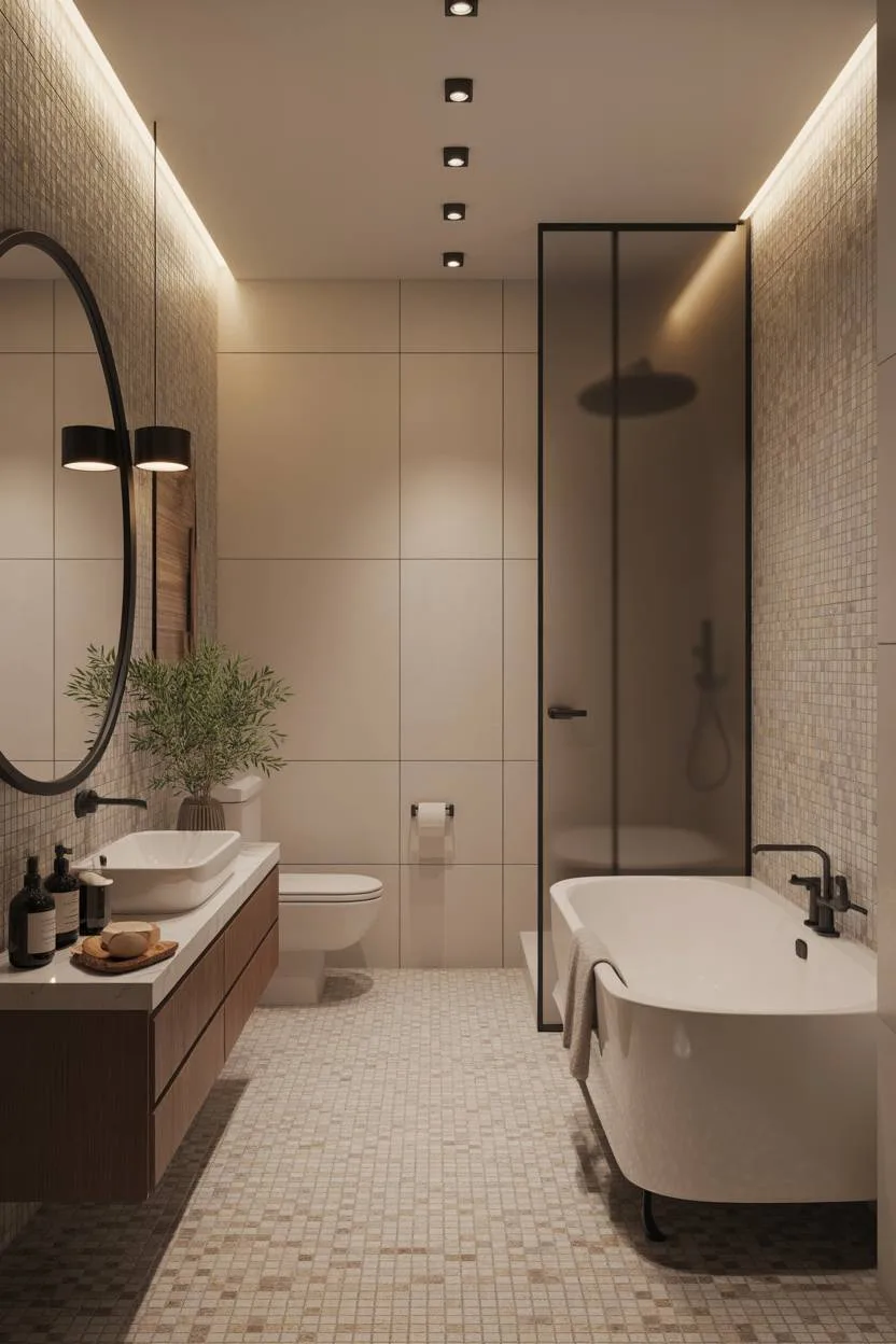 Luxury bathroom with black fixtures, beige mosaic tiles, and freestanding tub