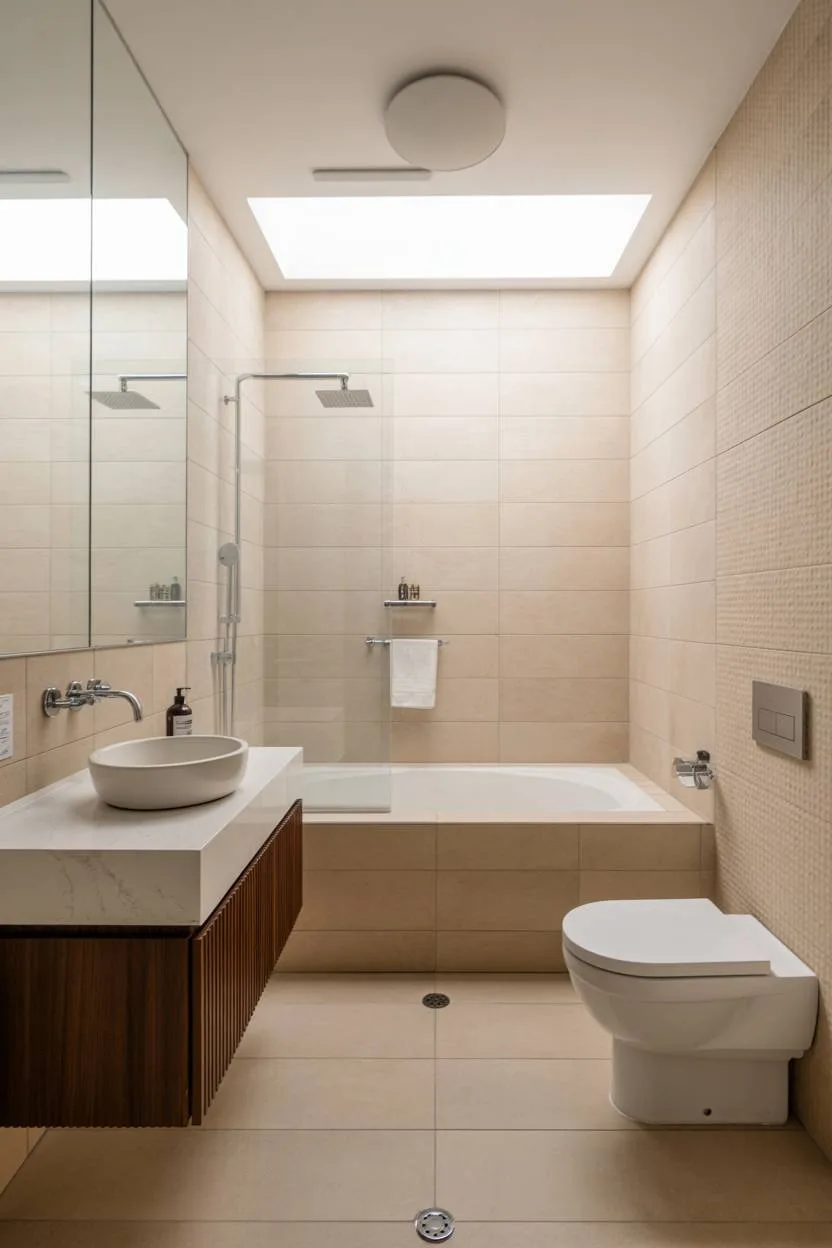 Minimalist beige bathroom with wooden vanity, built-in tub, and skylight