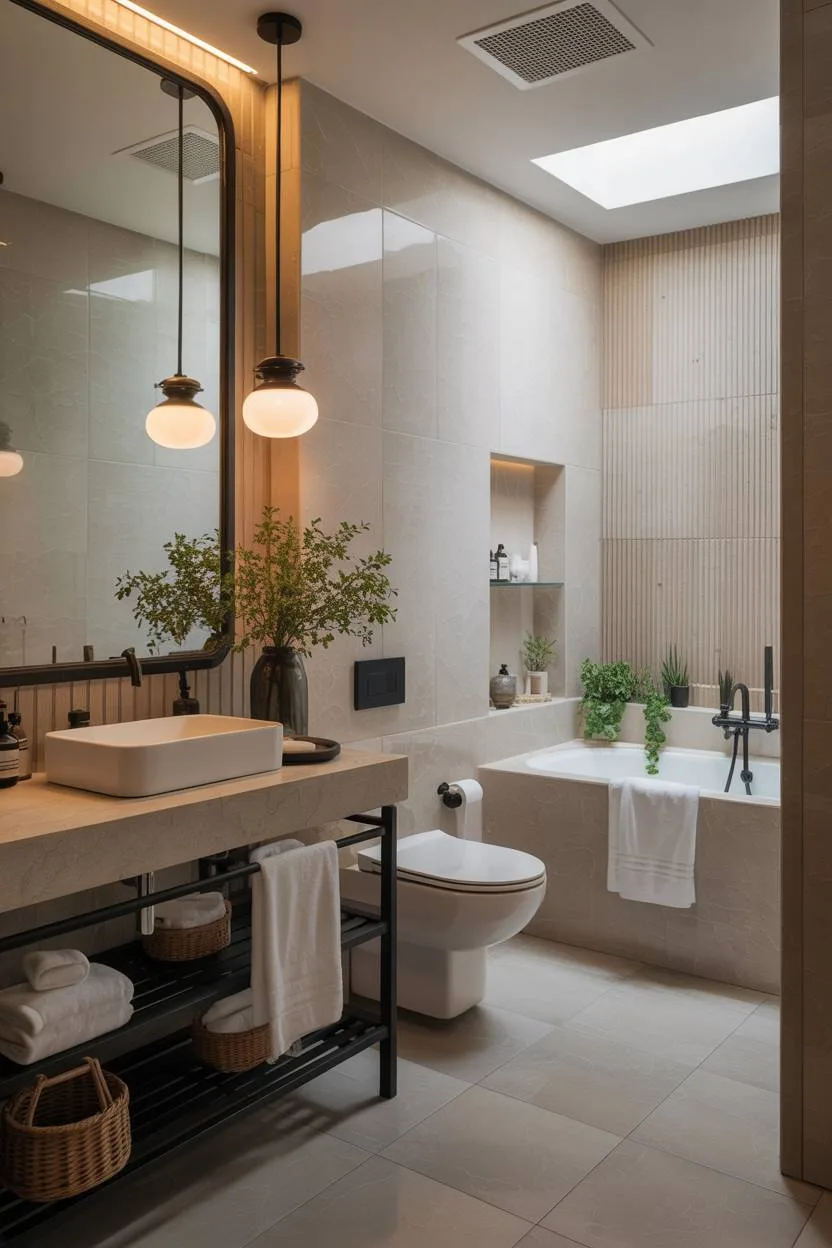 Modern bathroom with black metal shelving, pendant lights, and marble-look tile