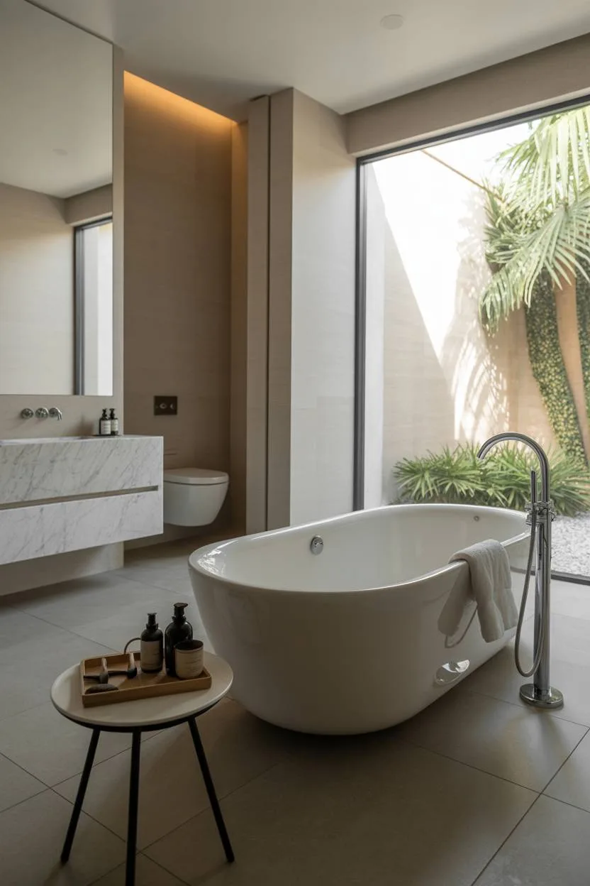 Luxury bathroom with white freestanding tub, chrome faucet, and garden view