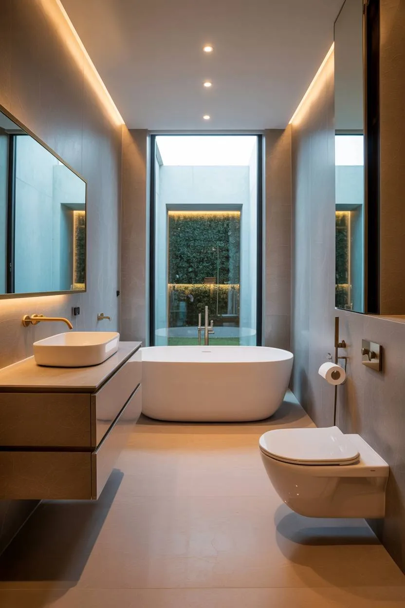 Contemporary bathroom with floating vanity, brushed gold hardware, and LED lighting
