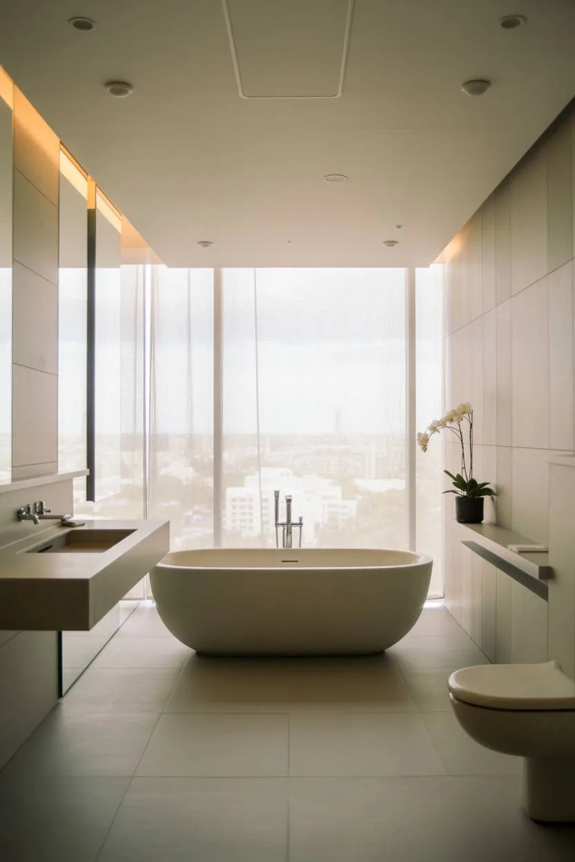 Modern bathroom with freestanding tub, cityscape view, and floating fixtures