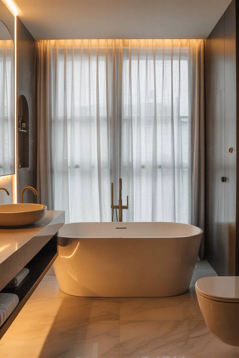 Luxury bathroom with freestanding tub, linen curtains, and muted gray palette