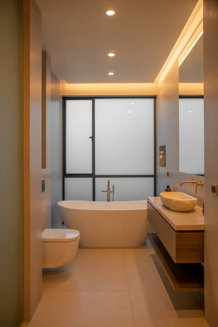 Contemporary bathroom with freestanding tub, walnut vanity, and geometric design