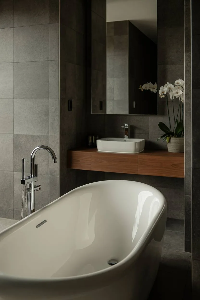 Luxury bathroom with textured gray tiles, freestanding tub, and round mirror