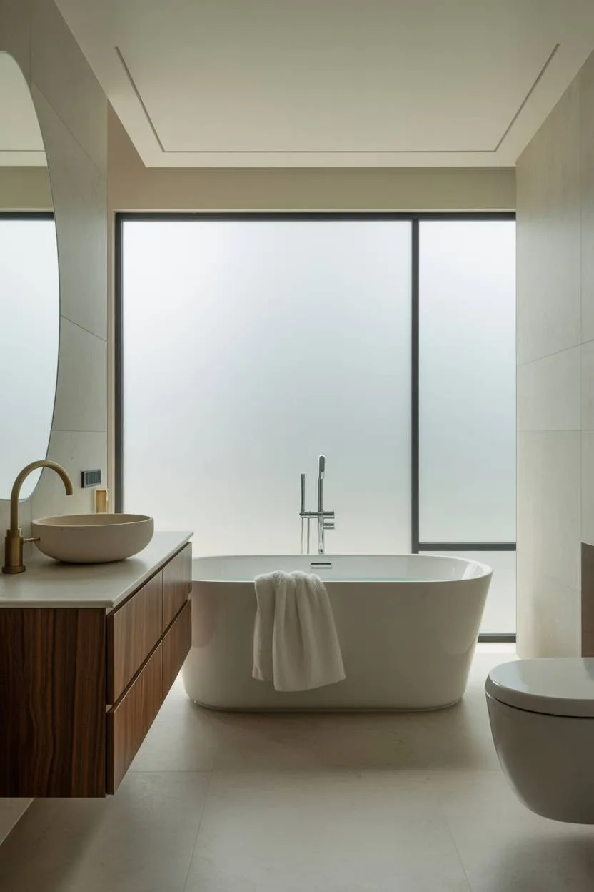 Minimalist bathroom with freestanding tub, walnut vanity, and LED mirror