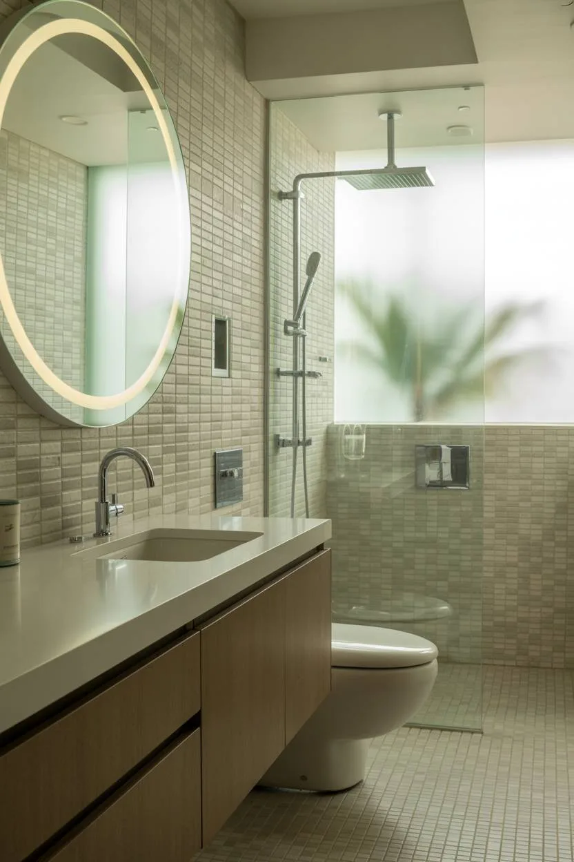 Modern master bathroom with floating vanity, LED mirror, and textured tile shower