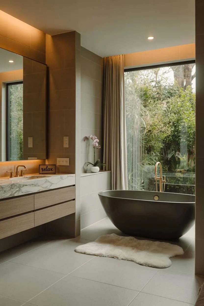 Luxurious bathroom with matte black tub, garden window, and marble countertop