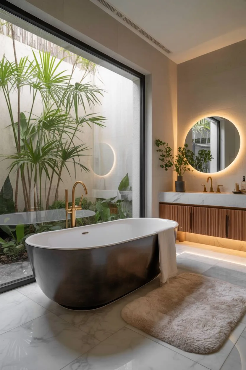 Master bathroom with matte black tub, brass waterfall faucet, and LED mirror
