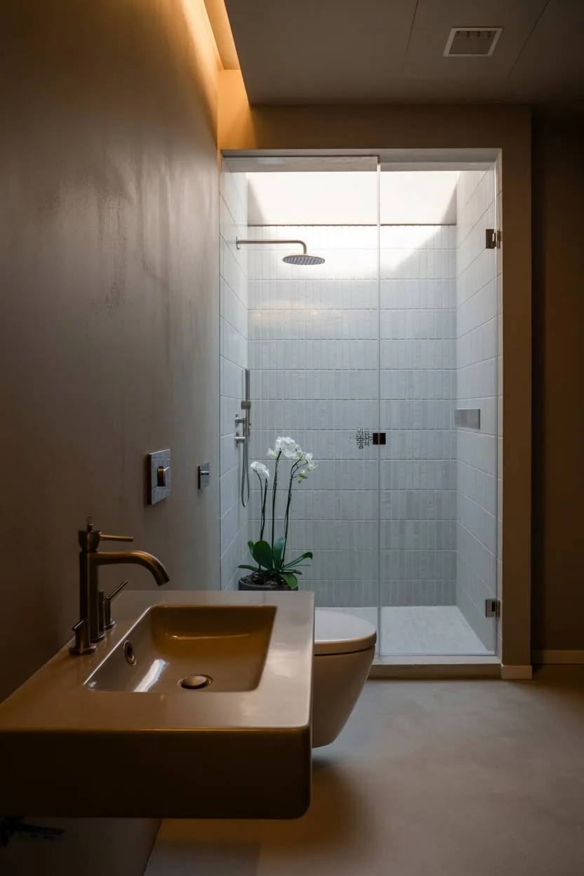 Minimalist bathroom with concrete floors, floating sink, and glass rainfall shower