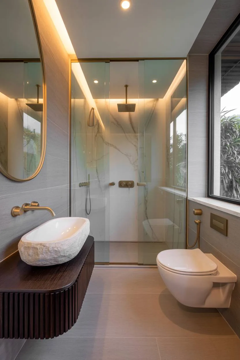 Modern bathroom with floating sink, bidet toilet, and marble shower tiles