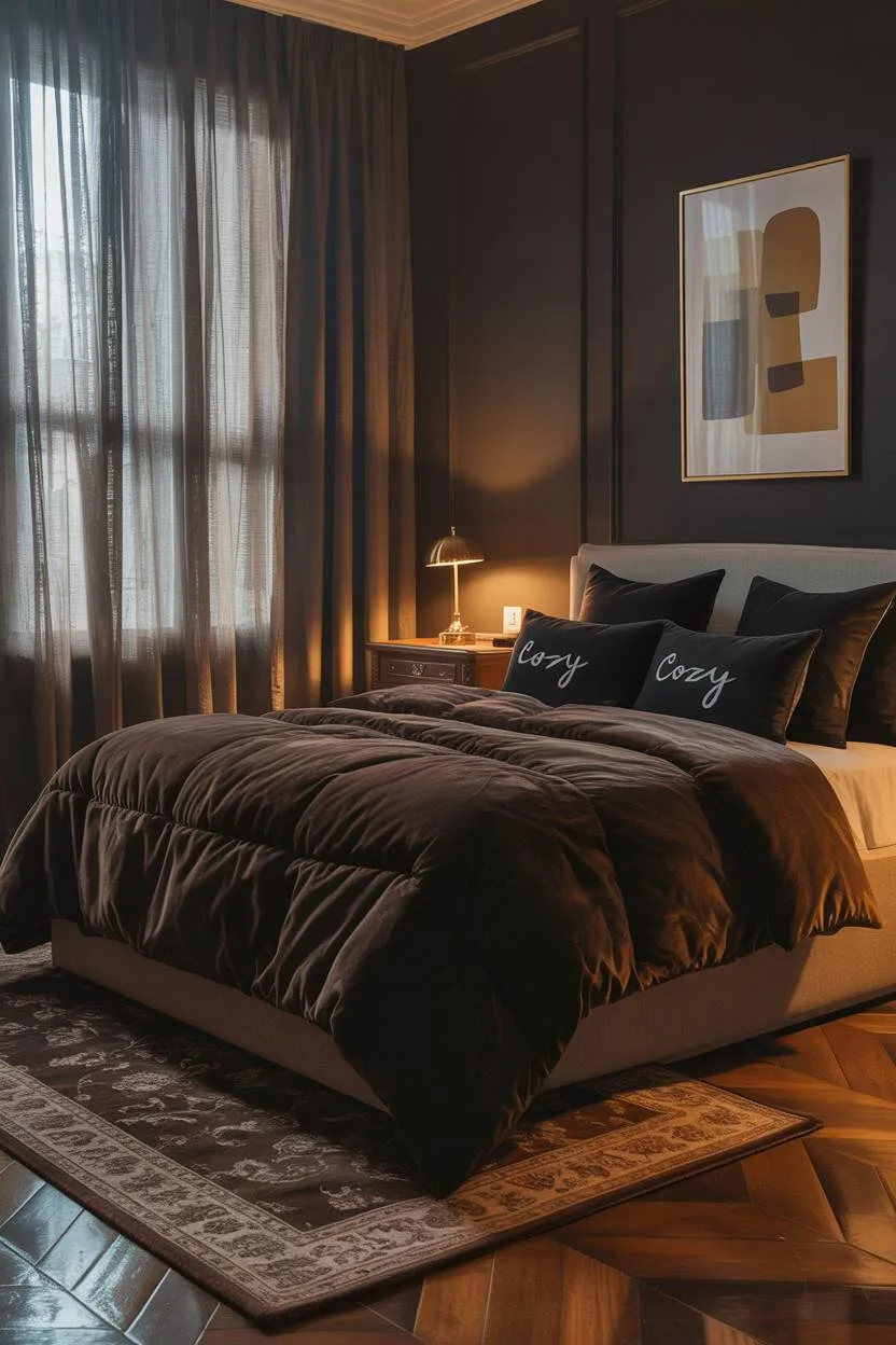 King-size bed with dark brown velvet comforter and black pillows