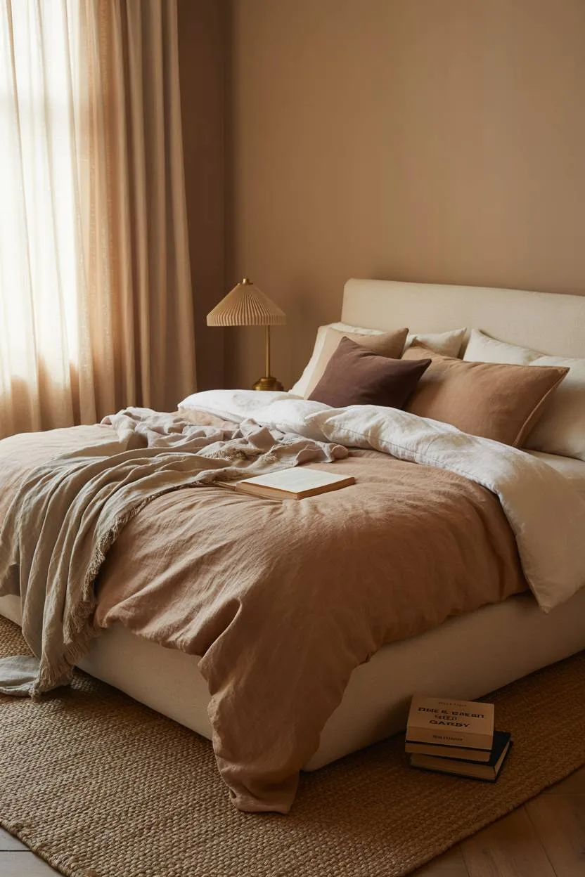 King-sized bed with brown and cream linens against beige walls