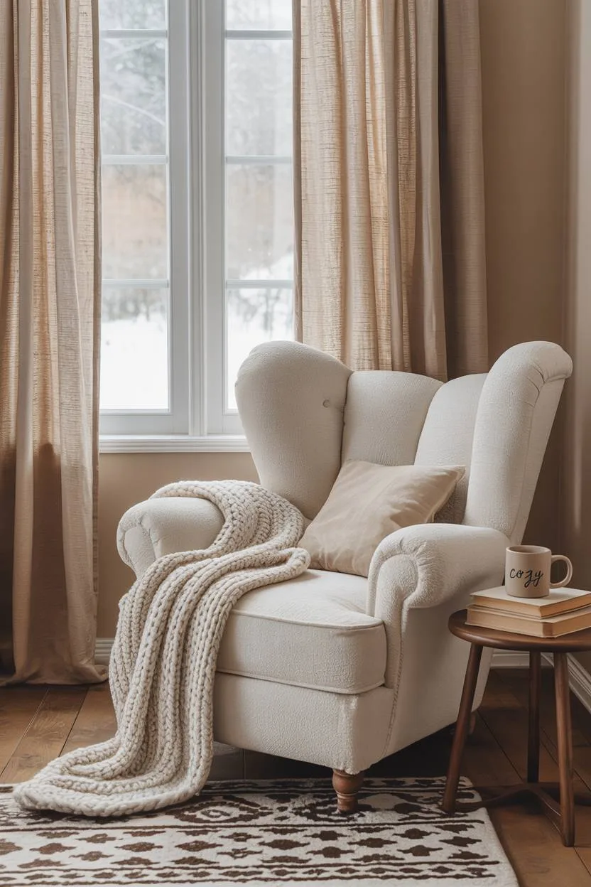 White armchair with cream throw blanket facing snow-covered landscape