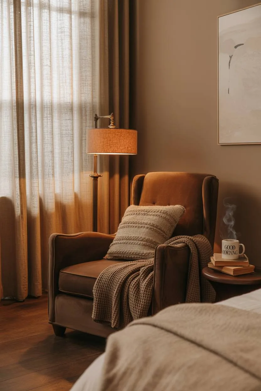 Chocolate brown velvet armchair with knitted throw and vintage lamp