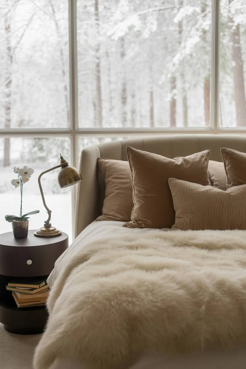 Cream duvet with brown and beige pillows, forest view window