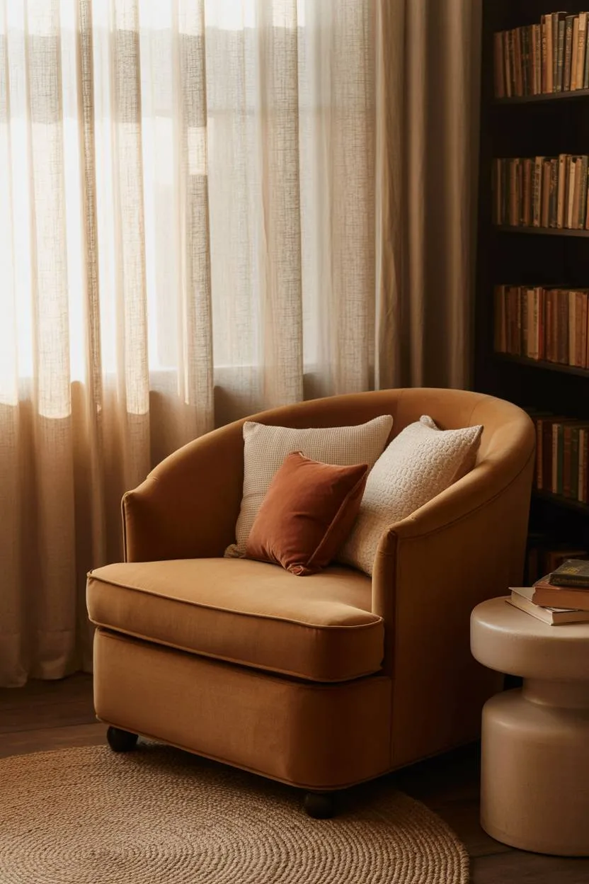 Brown velvet armchair with cream and terracotta pillows on jute rug