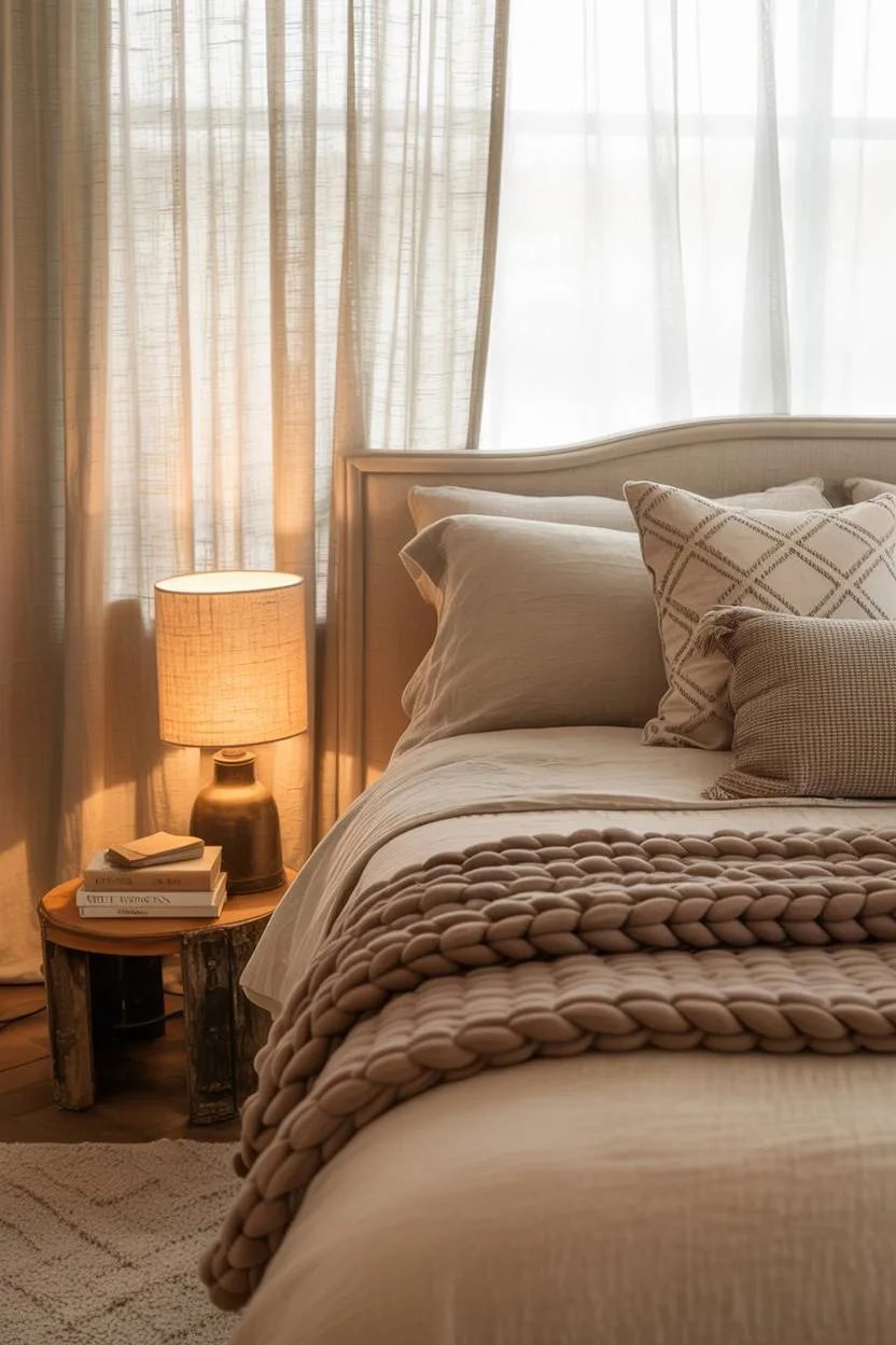 Beige linen sheets with chunky knit brown throw on reclaimed wood nightstand