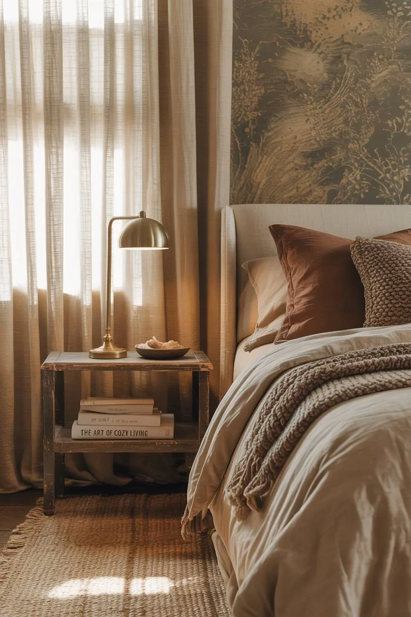 Beige linen bedding with brown pillows and patterned accent wall