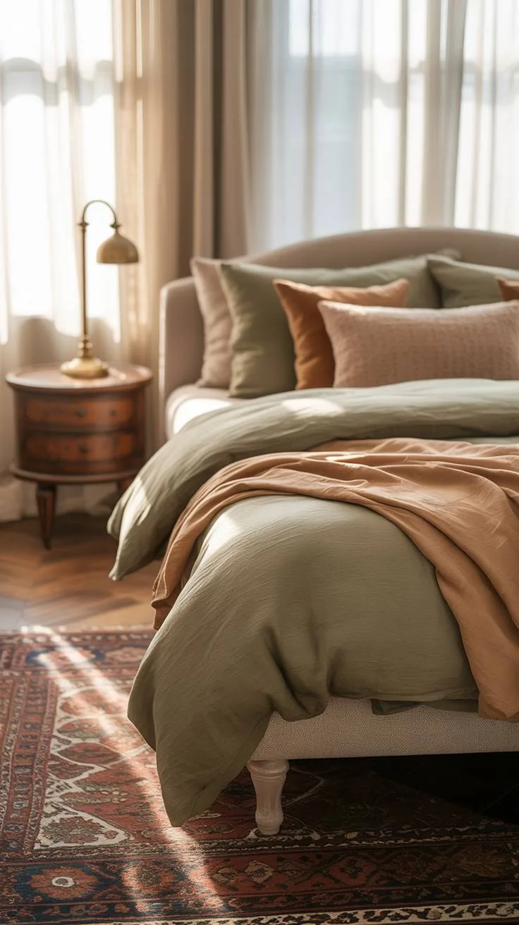 Moss green and brown linen bedding with Persian rug and brass lamp