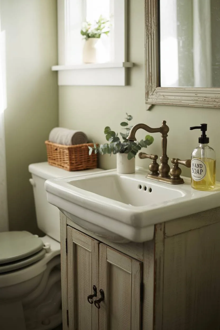 Farmhouse bathroom with weathered wooden vanity, antique brass faucet, and eucalyptus sprig