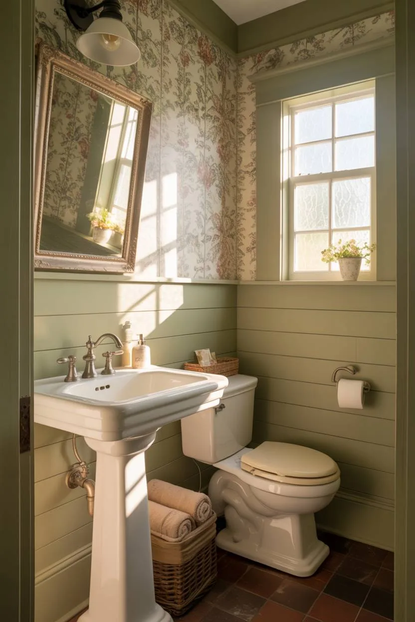 Farmhouse bathroom with pale green shiplap walls, vintage mirror, and floral wallpaper accents