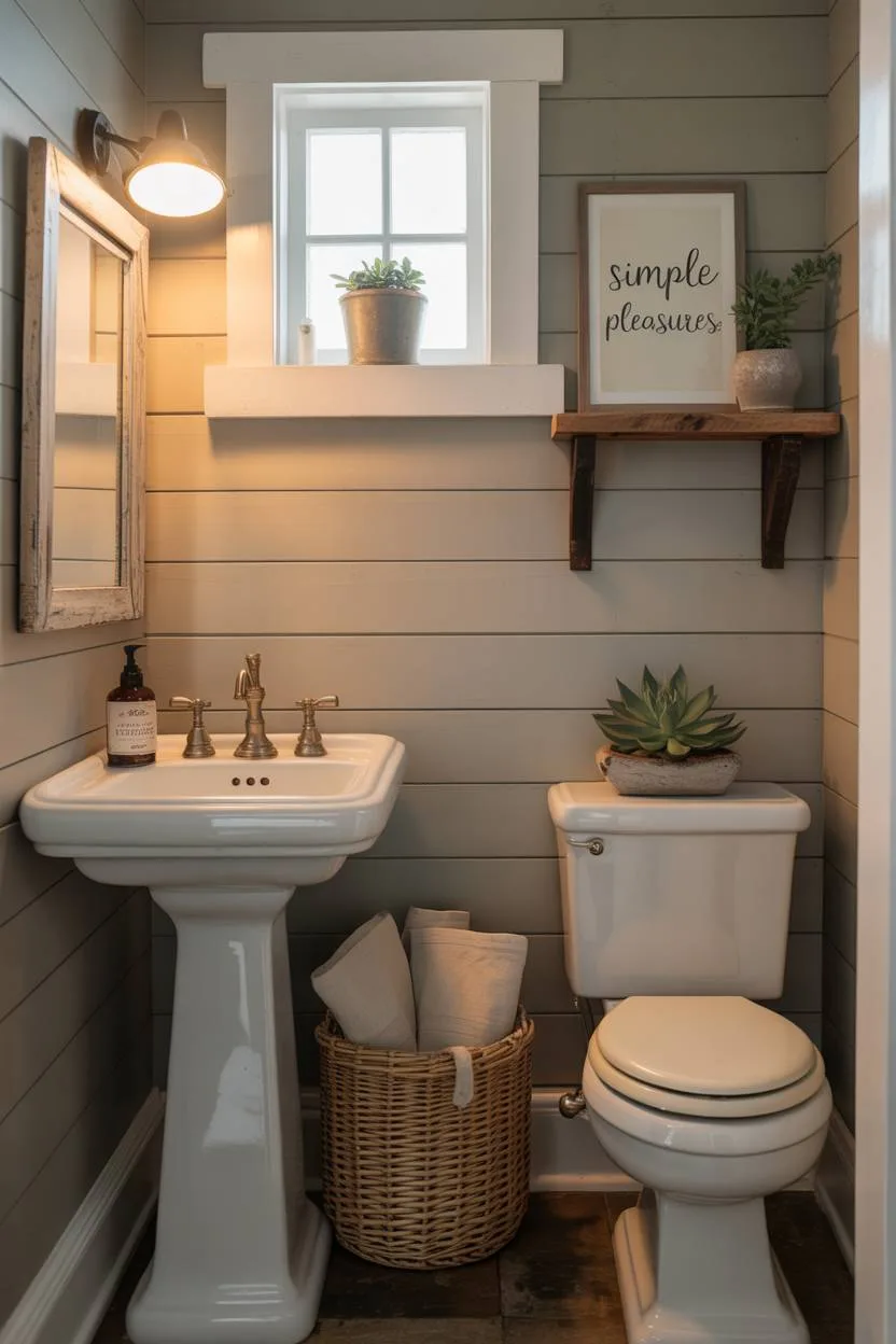 Farmhouse bathroom with white pedestal sink, brushed nickel faucet, and woven basket storage