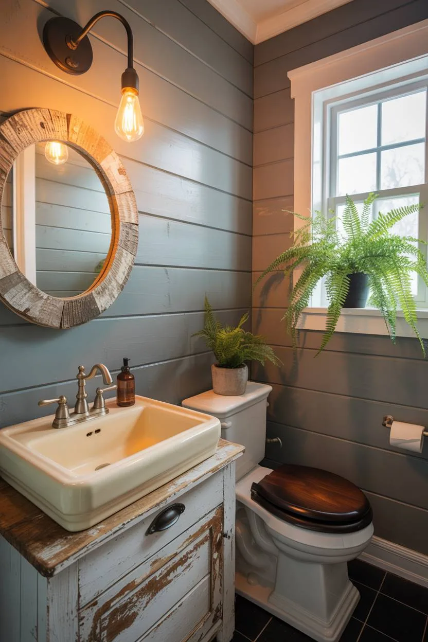 Modern rustic farmhouse bathroom with reclaimed wood mirror frame and Edison bulb fixture