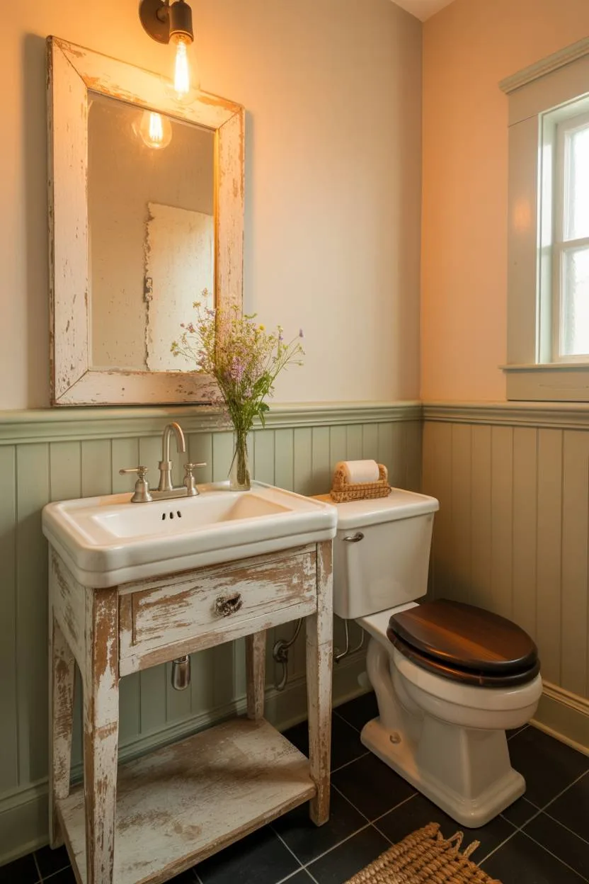 Farmhouse bathroom with weathered vanity, chipped vintage mirror, and Edison bulb lighting