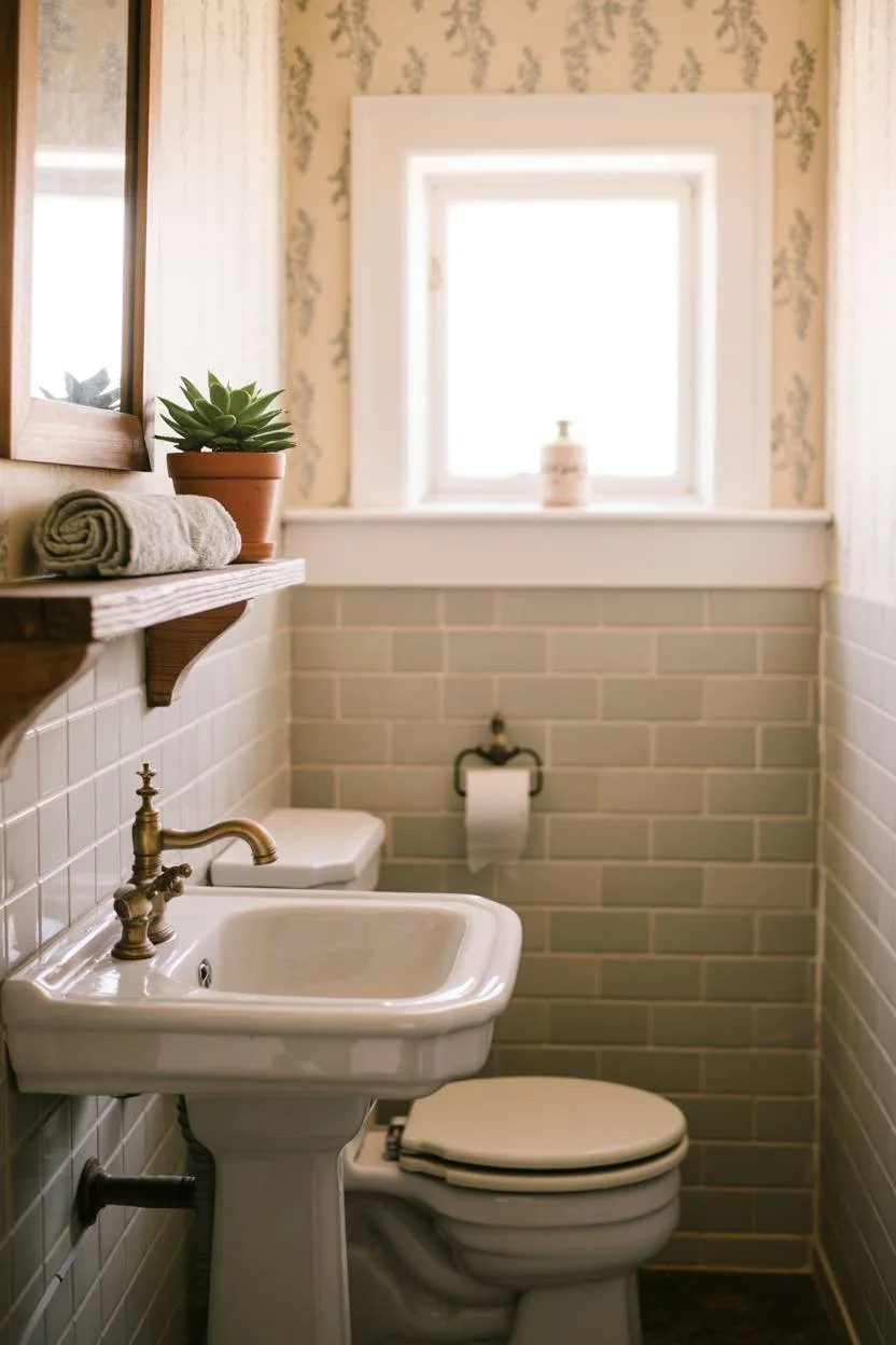 Farmhouse bathroom with floral wallpaper, white pedestal sink, vintage brass faucet, and wooden shelf