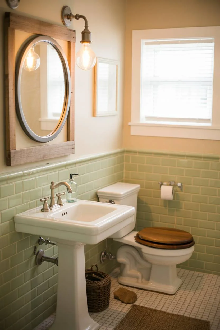 Farmhouse bathroom with sage green subway tiles, white pedestal sink, and vintage-style light fixture