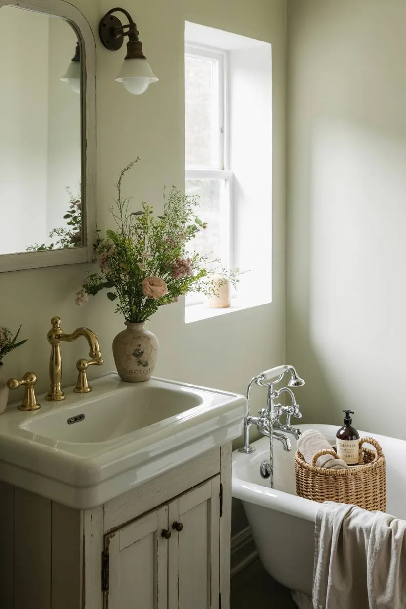 Farmhouse bathroom with reclaimed wood vanity, brushed gold fixtures, and clawfoot bathtub