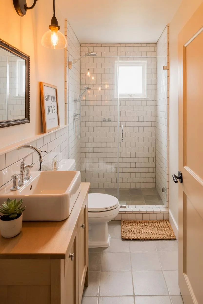 Modern minimalist farmhouse bathroom with light wood vanity, chrome faucet, and glass shower enclosure