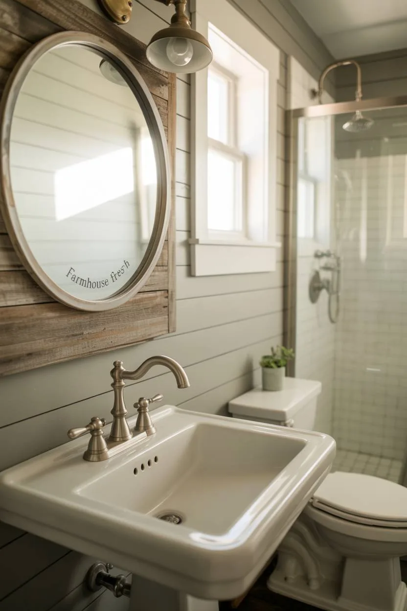 Farmhouse bathroom with round reclaimed wood mirror, antique brass sconce, and glass shower