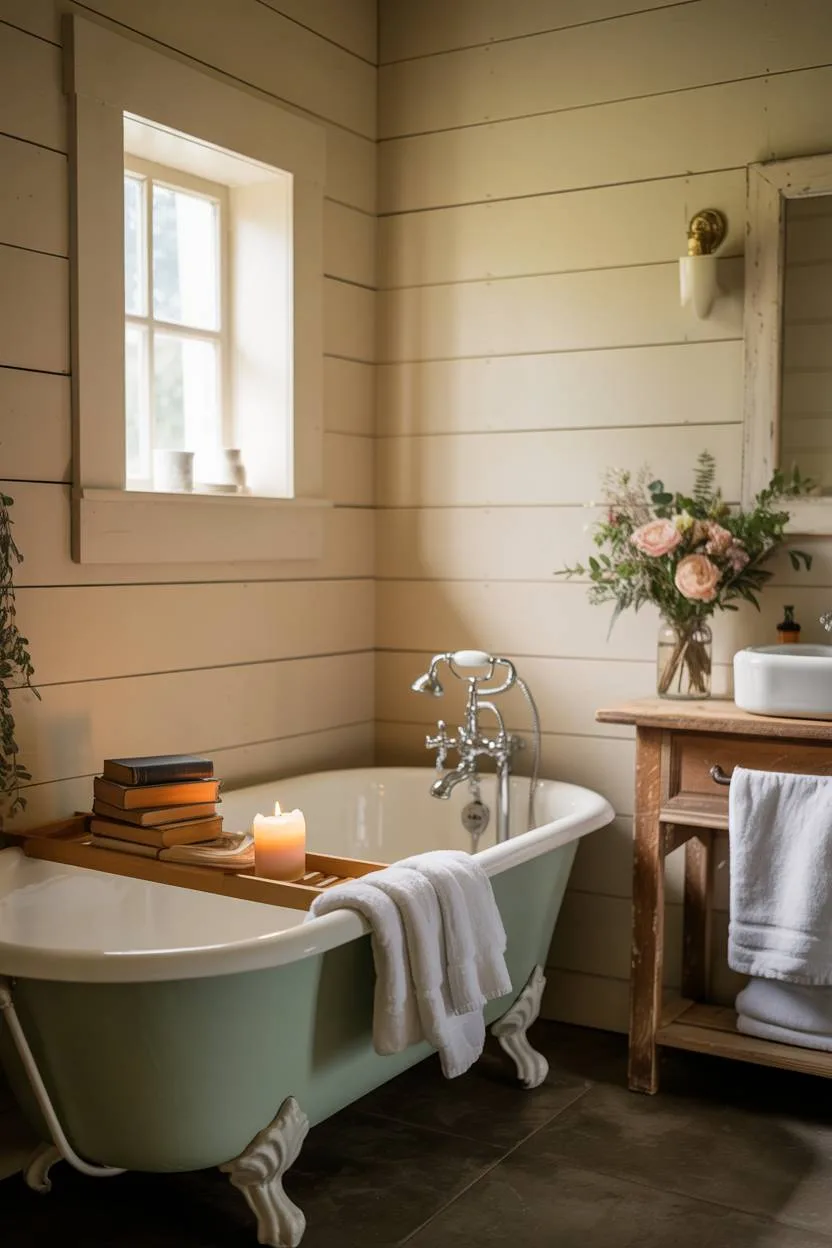 Farmhouse bathroom with sage green clawfoot bathtub, wooden bath rack, and mason jar floral arrangement