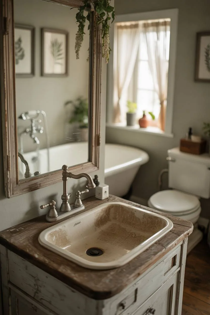 Cozy farmhouse bathroom with aged porcelain sink, weathered wooden countertop, and botanical wall prints