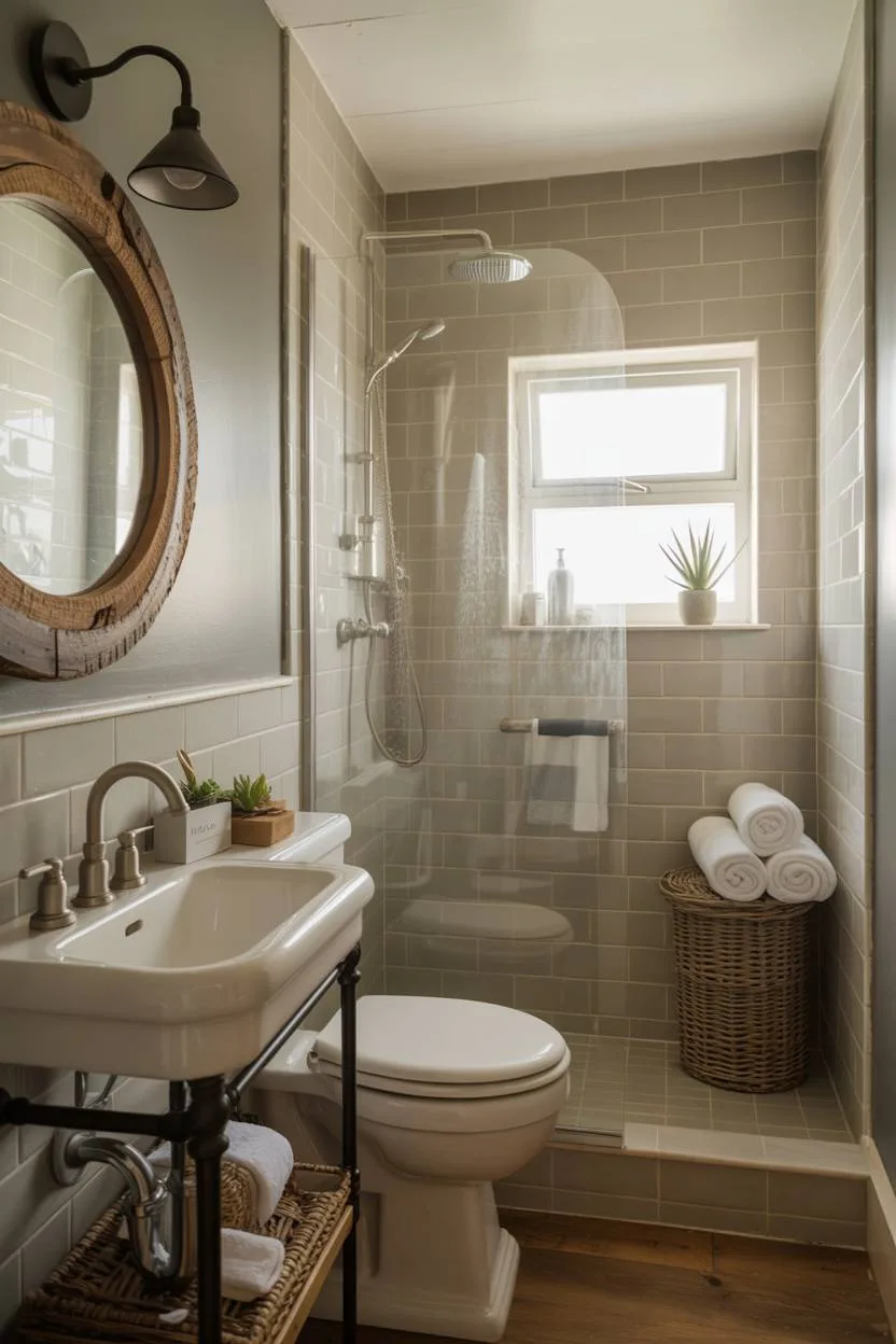 Modern rustic bathroom with circular reclaimed wood mirror, glass shower enclosure, and woven storage baskets