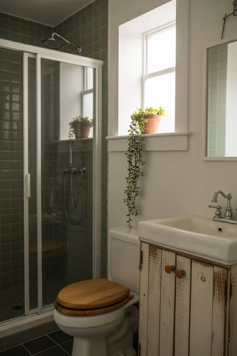 Minimalist farmhouse bathroom with reclaimed wood vanity, glass shower doors, and hanging plant