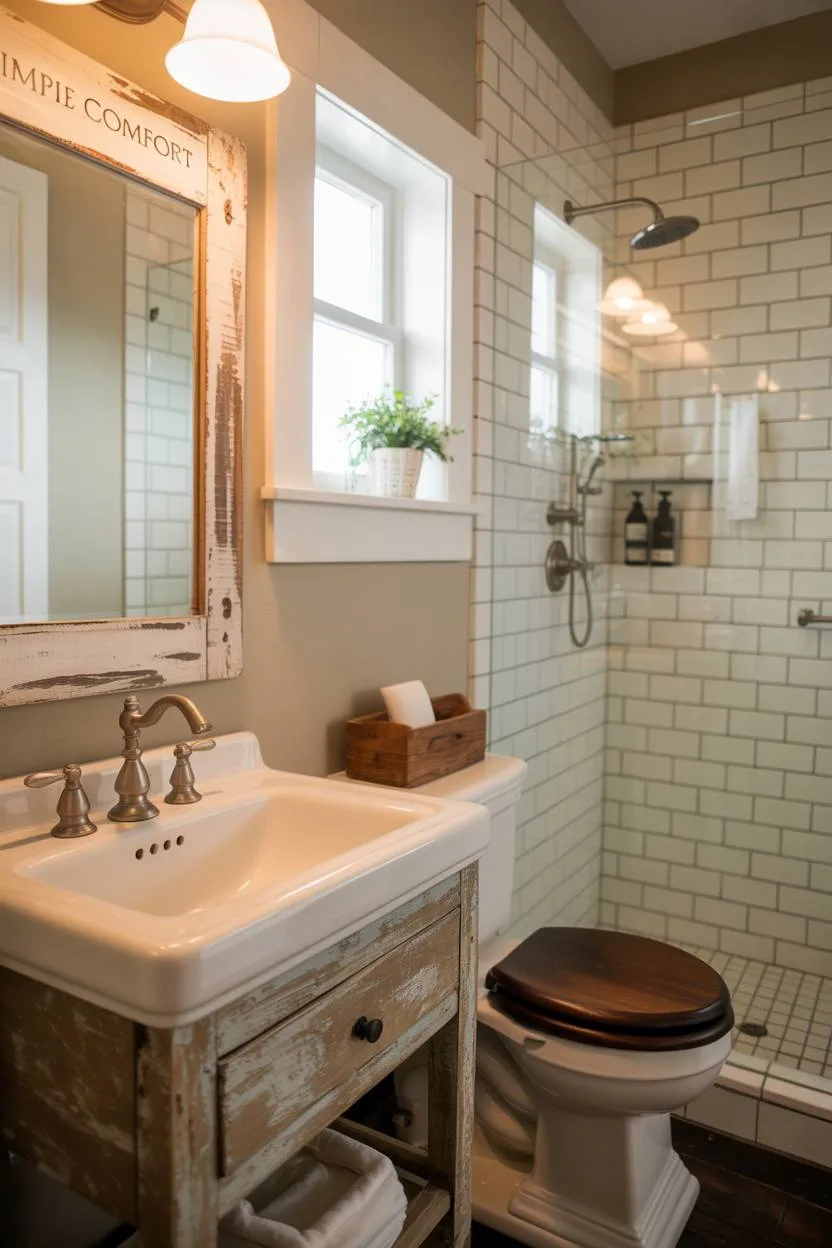 Rustic-chic farmhouse bathroom with weathered vanity and white subway tiles