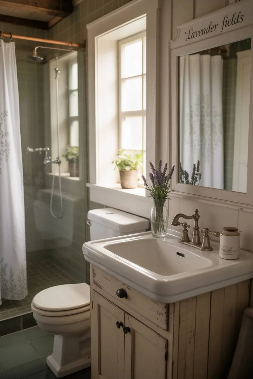 Farmhouse bathroom with lavender sprig, vintage toilet, glass shower, and etched mirror