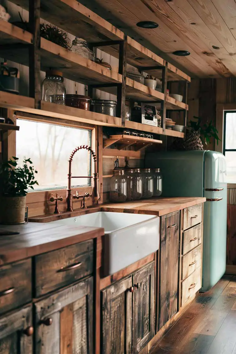 Rustic tiny house kitchen with open shelving and farmhouse sink
