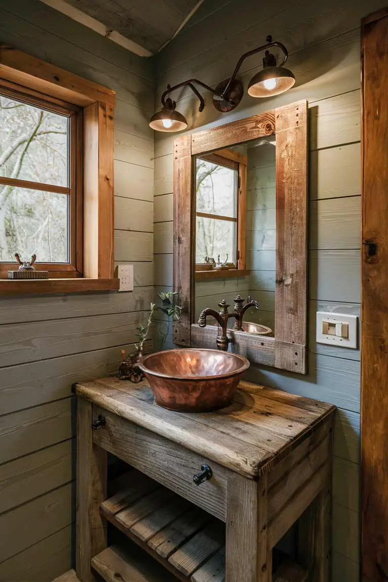 Rustic bathroom vanity with copper sink and distressed wood