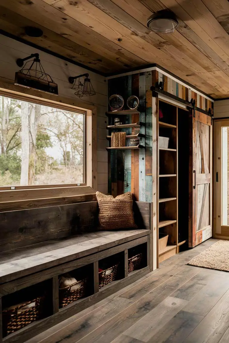 Built-in bench with storage and sliding barn door closet