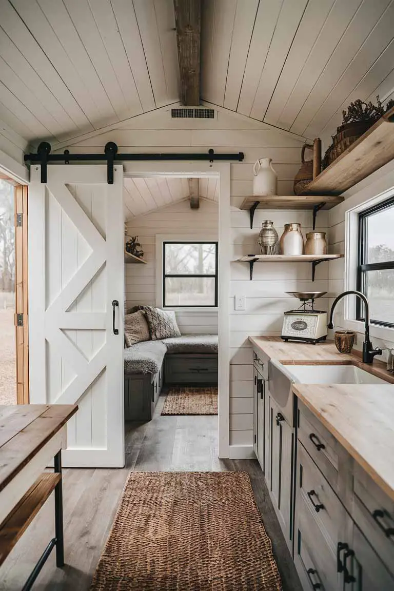Farmhouse style rustic tiny house with barn door and vintage decor