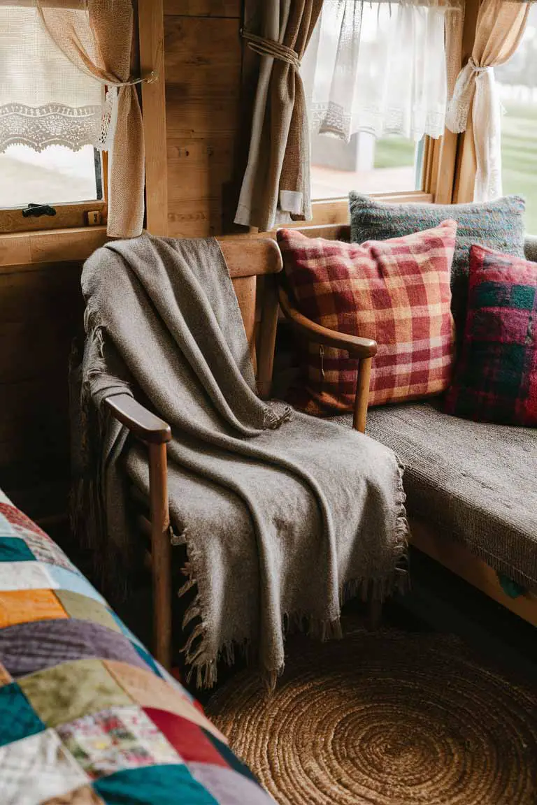 Rustic textiles including wool throw, flannel cushions, and patchwork quilt